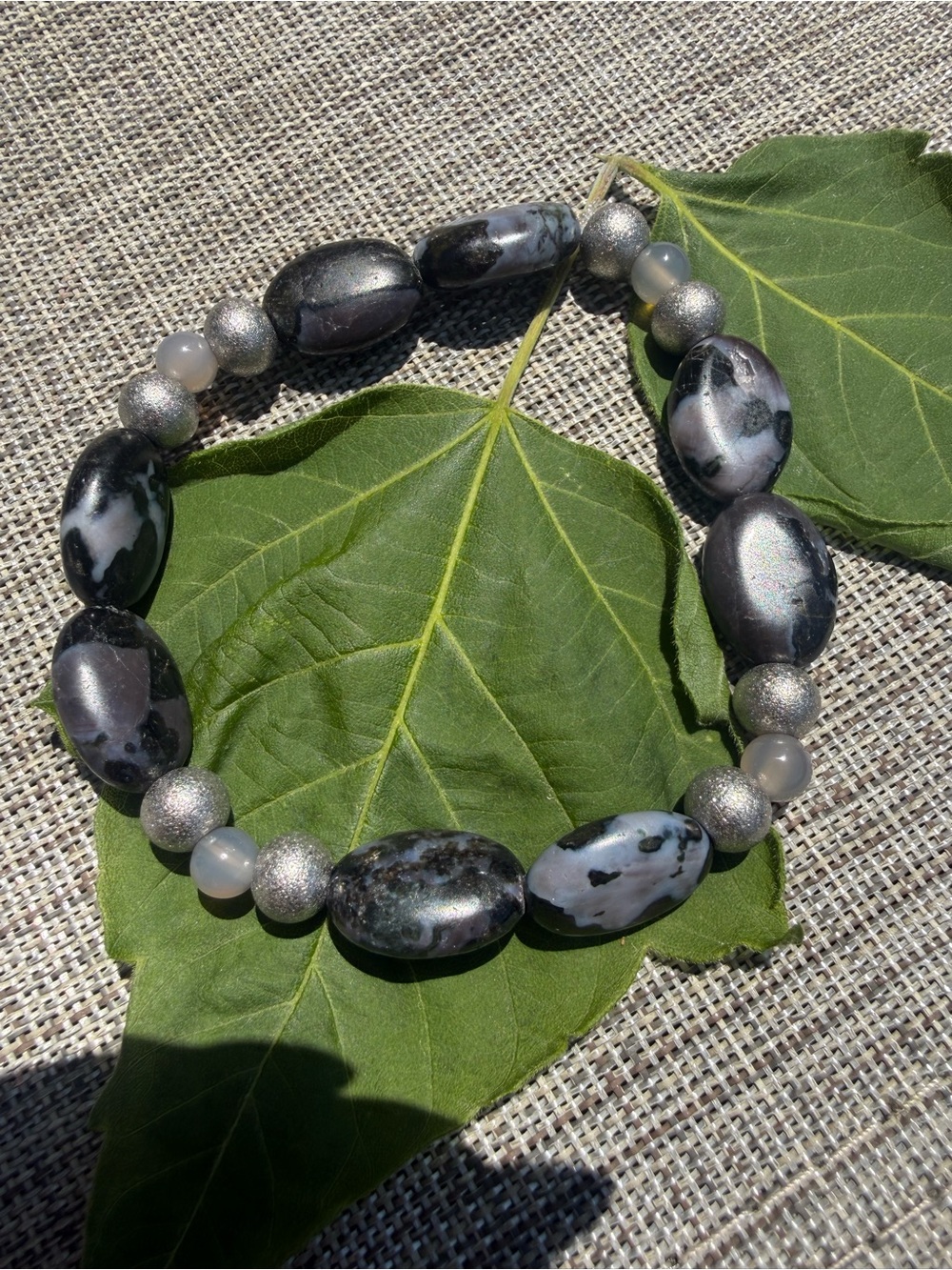 Merlinite Indigo Gabbro Stretch Bracelet Stainless Steel Accents